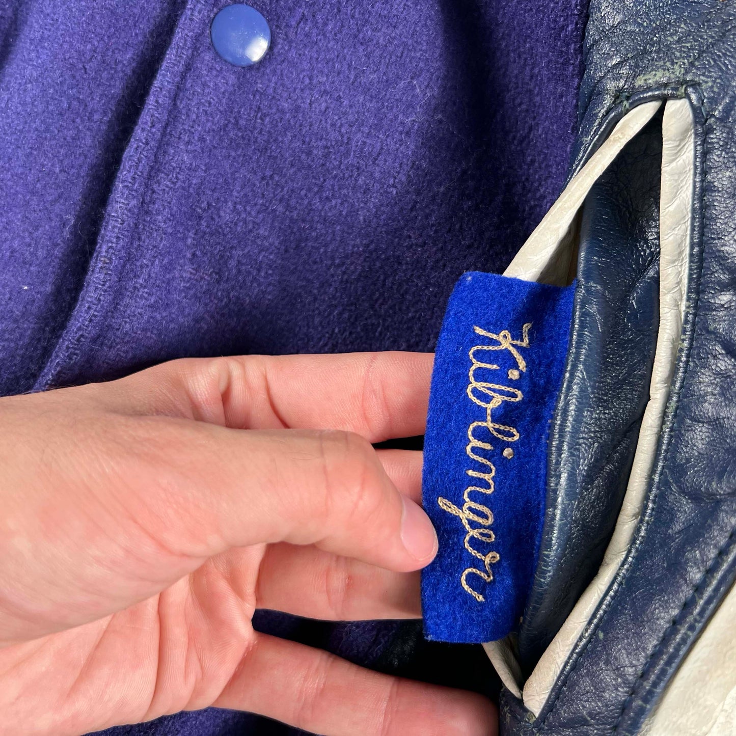 70s Leather Sided Blue Wool Varsity Jacket- S