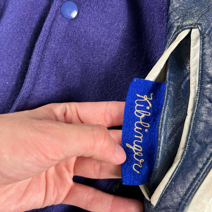 70s Leather Sided Blue Wool Varsity Jacket- S