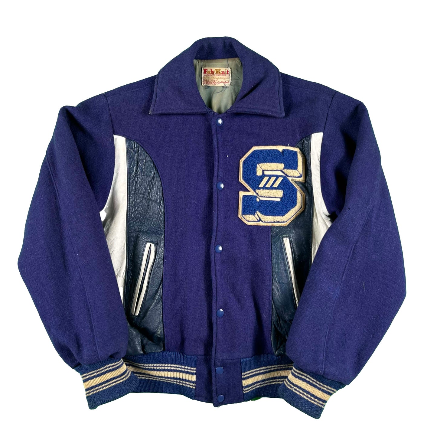 70s Leather Sided Blue Wool Varsity Jacket- S
