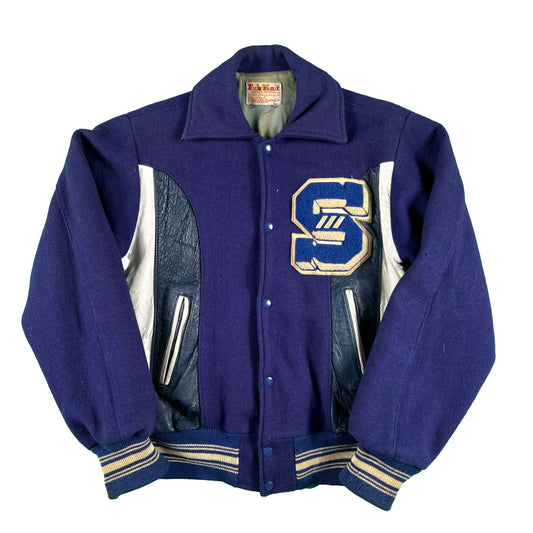 70s Leather Sided Blue Wool Varsity Jacket- S