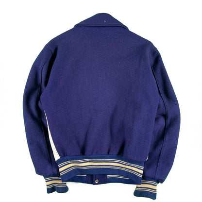 70s Leather Sided Blue Wool Varsity Jacket- S