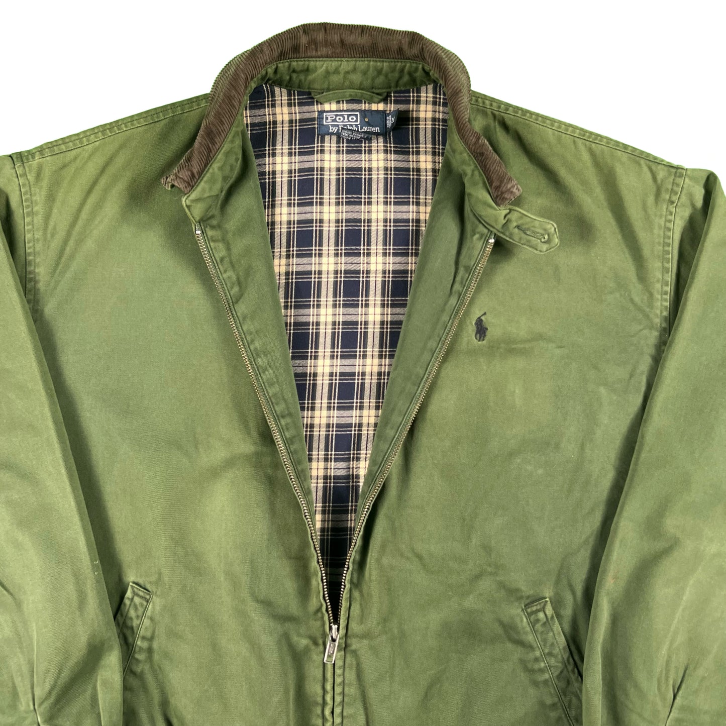 90s Faded Olive Green Polo RL Plaid Lined Harrington Jacket- M