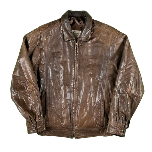90s Boxy Brown Leather Bomber Jacket- M