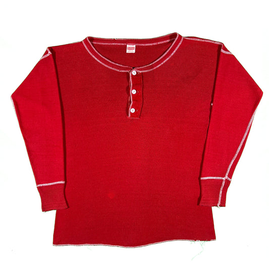 70s Red Contrast Stitch Cotton Thermal- M