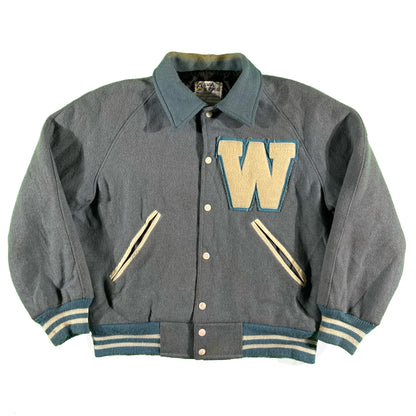 70s Boxy Baby Blue Varsity Jacket- L