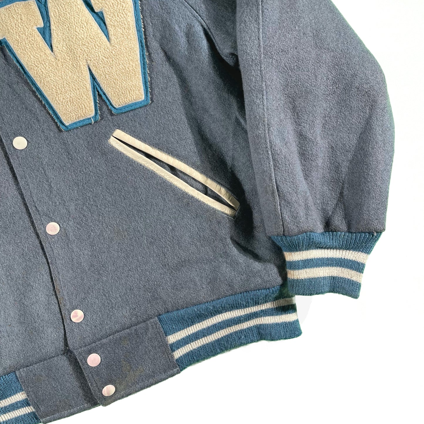 70s Boxy Baby Blue Varsity Jacket- L