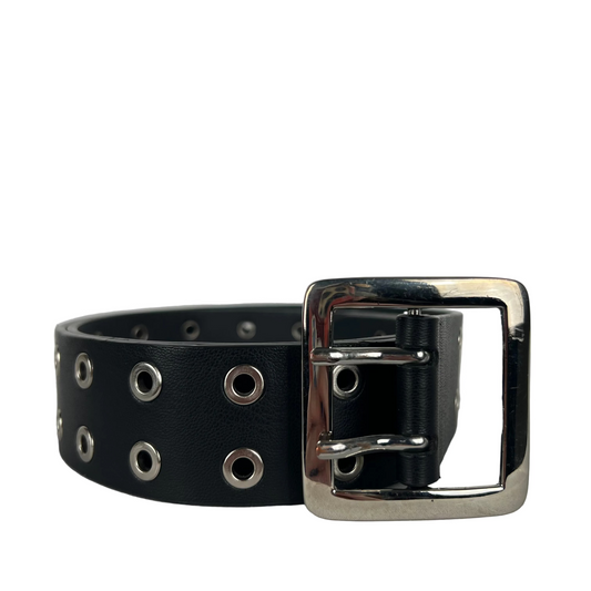 Black Leather Metal Grommet Belt- 28"-32"
