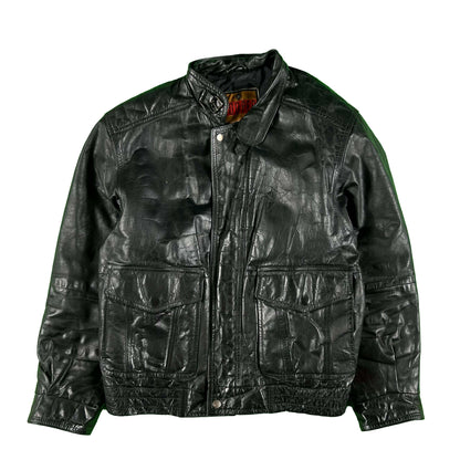 90s Black Leather A2 Style Bomber Jacket- L