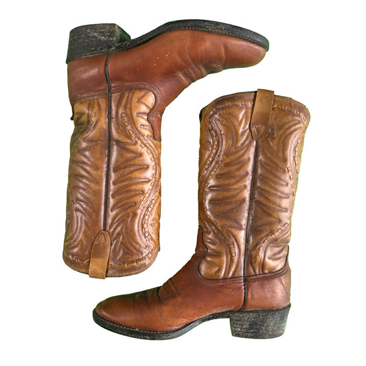 70s Two Tone Tan Cowboy Boots- 6.5 M's, 8 W's
