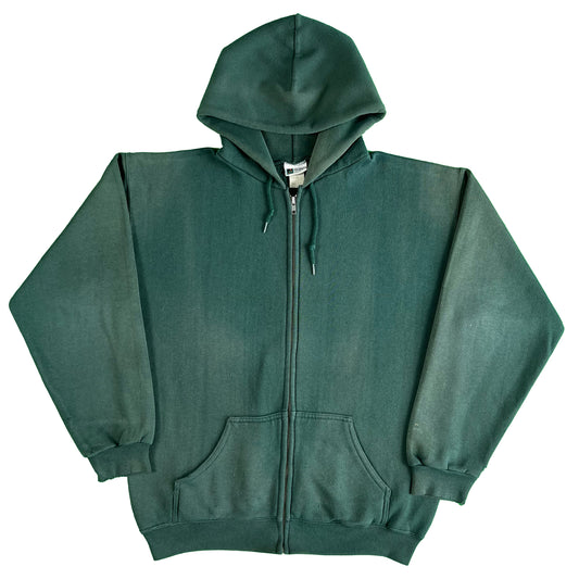 90s Sun Faded Forest Green Zip Up Hoodie- L