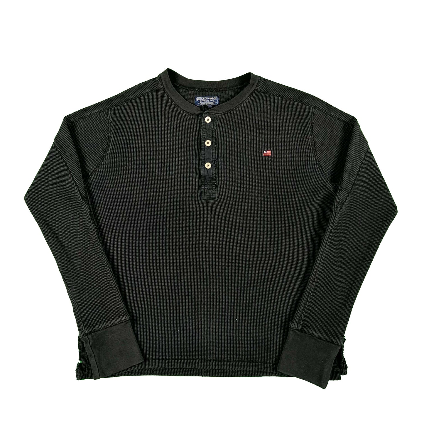 00s Faded Black Polo Waffle Knit Thermal- M