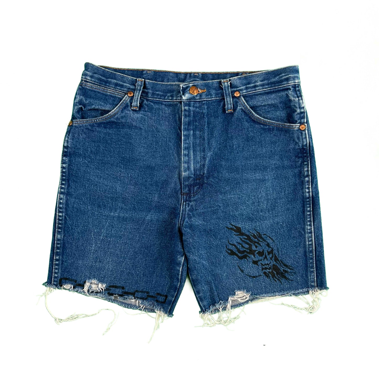 90s Flaming Skull Wrangler Denim Shorts- 32x6.5