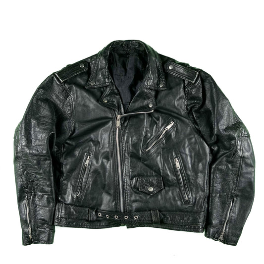 80s Black Leather Biker Jacket- M