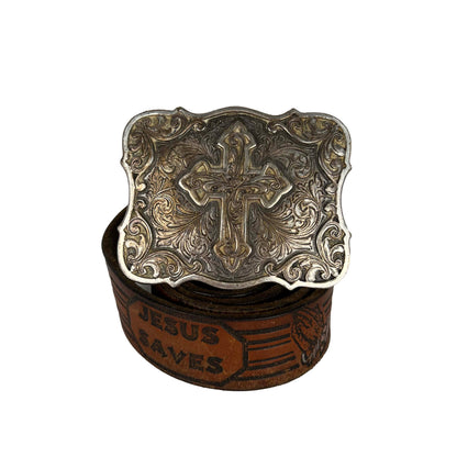 90s Silver Cross Buckle 'Jesus Saves' Leather Belt- 30"-32"