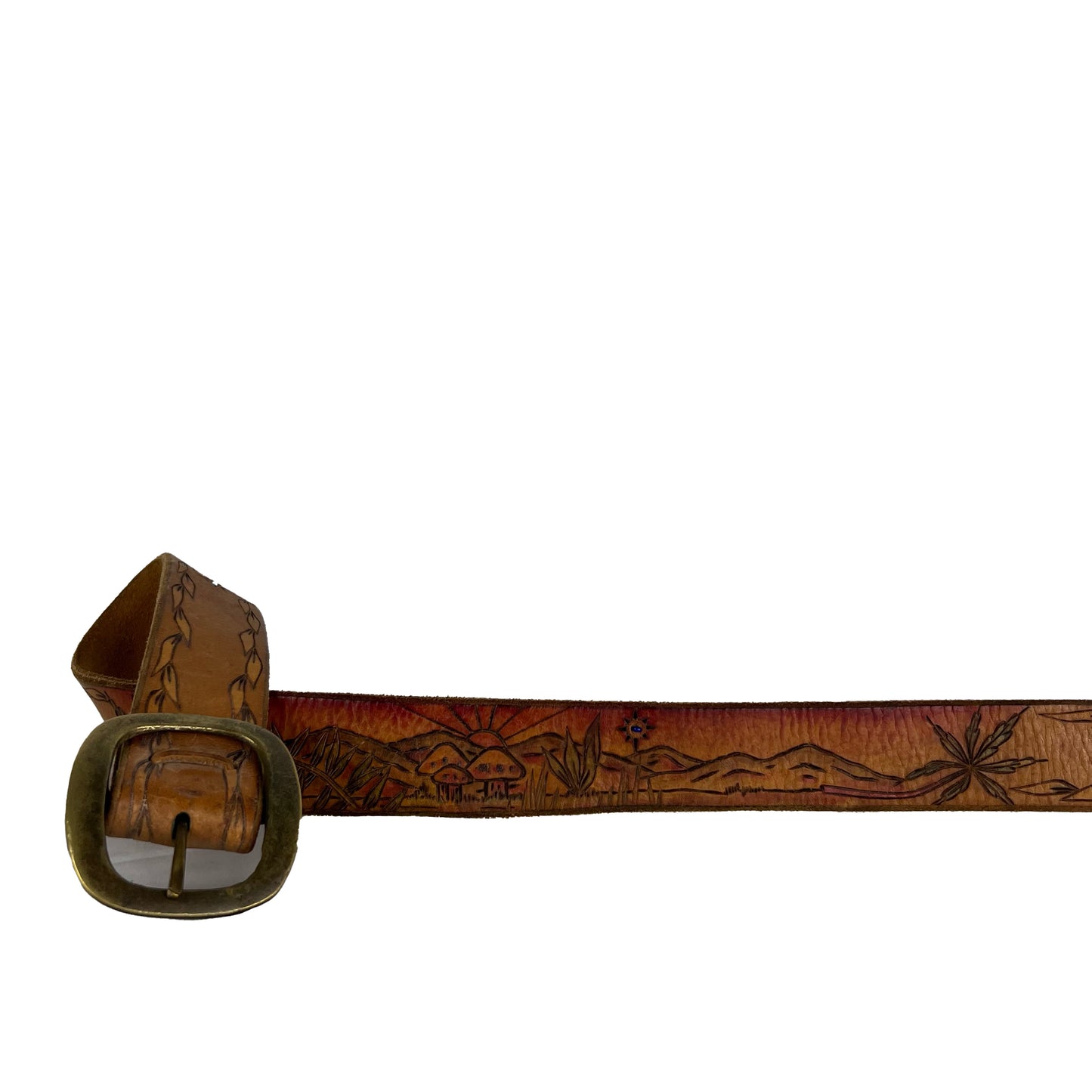 70s Weed and Mushrooms Leather Belt- 30"-32"