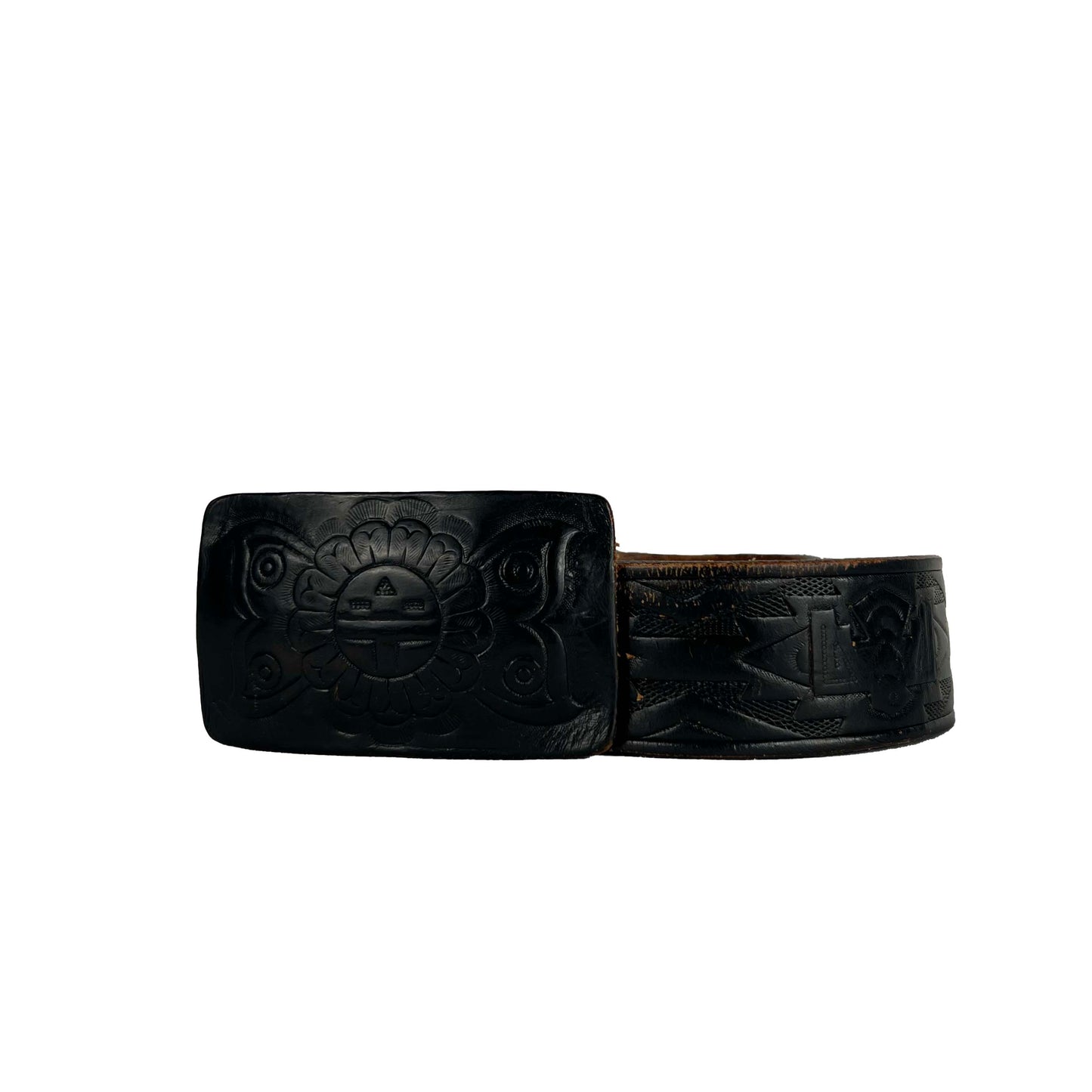 70s Embellished Black Western Aztec Leather Belt- 34"-38"