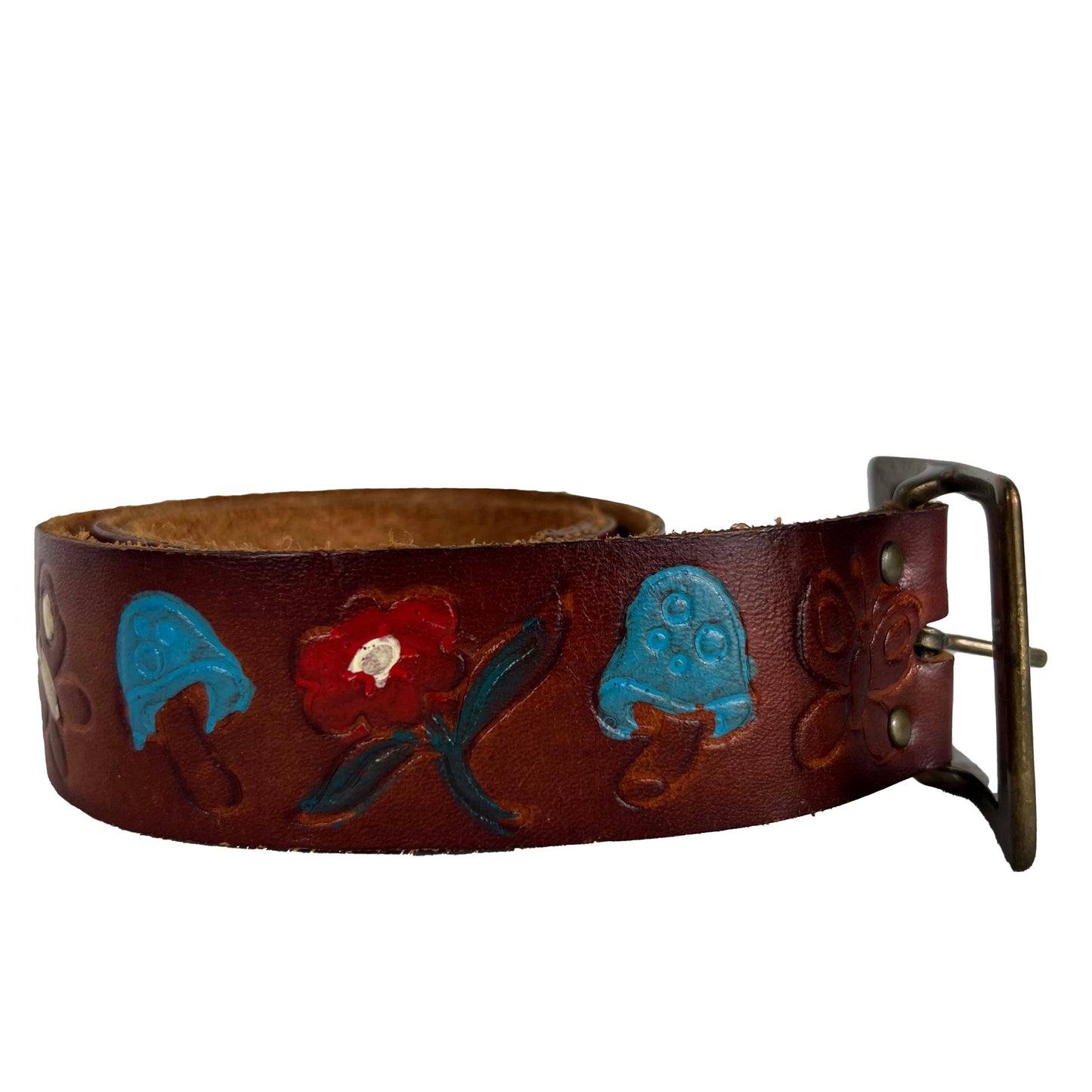 70s Hand Painted Mushroom Leather Belt- 25"-28"