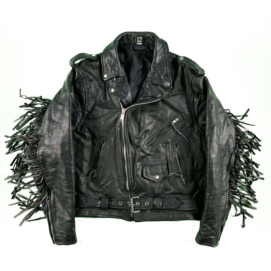 90s Fringe Black Leather Moto Jacket- L