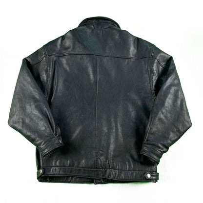 90/00s Black Leather Trucker Jacket- XL