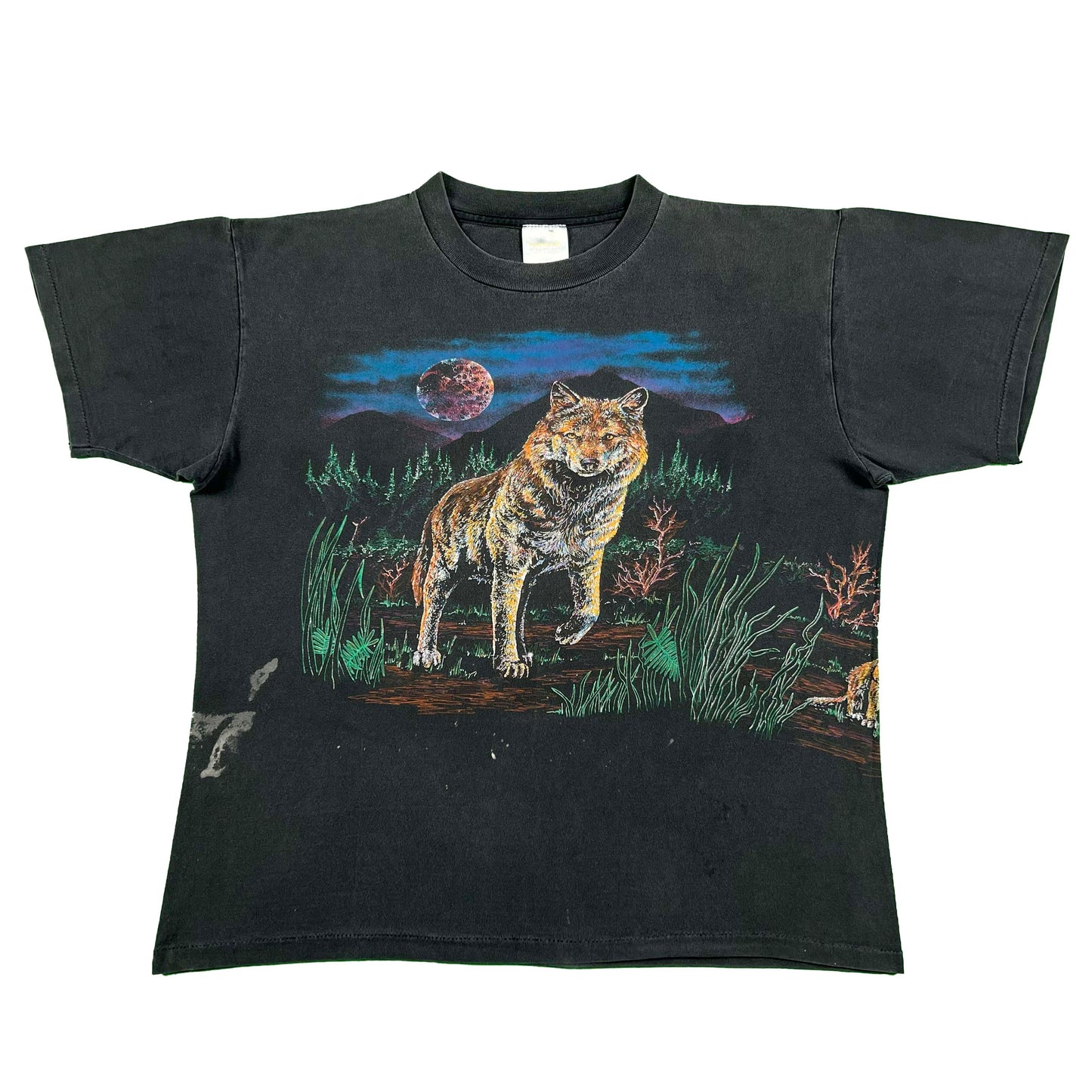 90s Sun Faded Black Wolves Tee- L