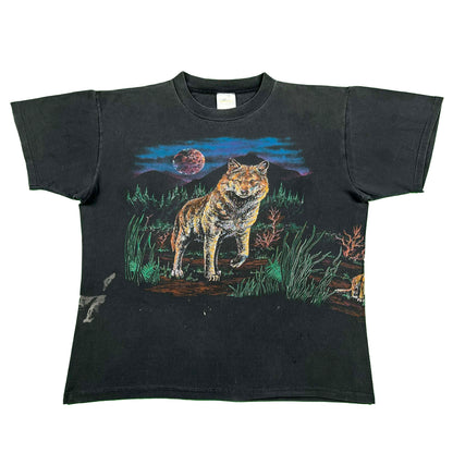 90s Sun Faded Black Wolves Tee- L