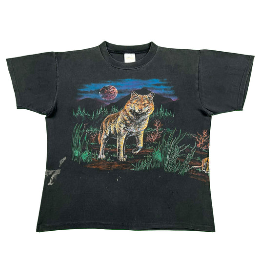 90s Sun Faded Black Wolves Tee- L