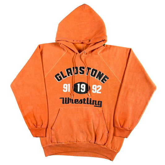 90s Sun Faded Orange Wrestling Hoodie- L