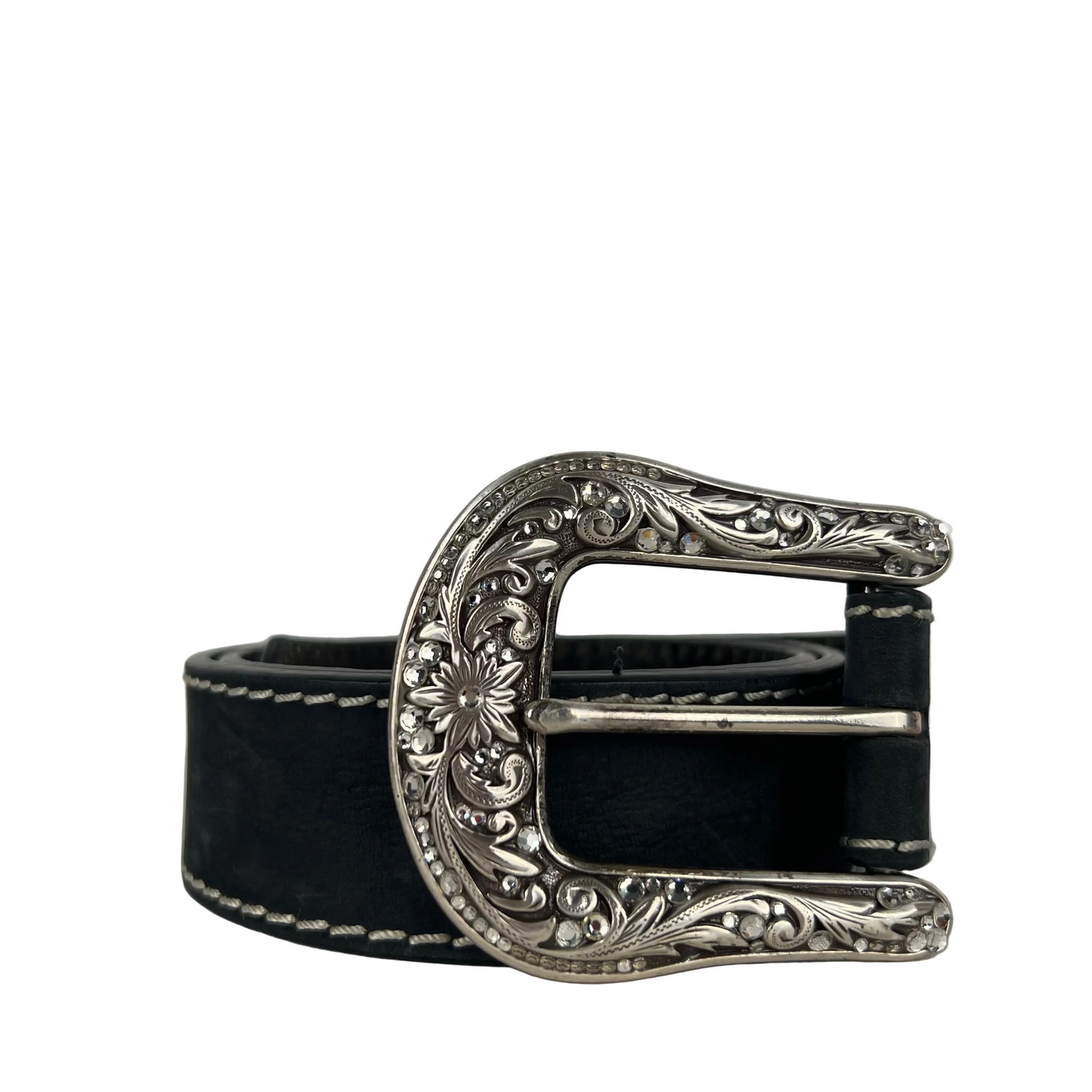 00s Rhinestone Studded Buckle w Smooth Black Leather Belt- 26"-30"