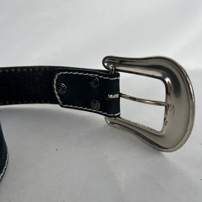 00s Rhinestone Studded Buckle w Smooth Black Leather Belt- 26"-30"