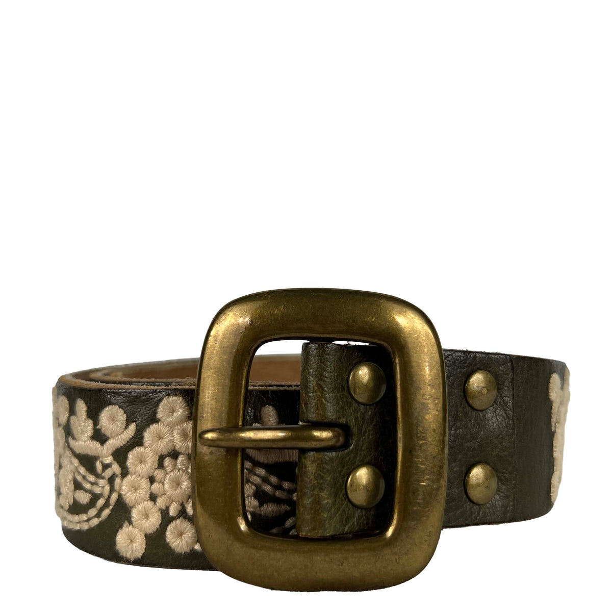 00s Lucky Brand Floral Embroidered Green Leather Belt- 32"-36"