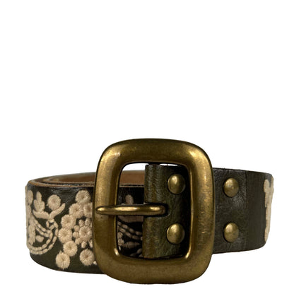 00s Lucky Brand Floral Embroidered Green Leather Belt- 32"-36"