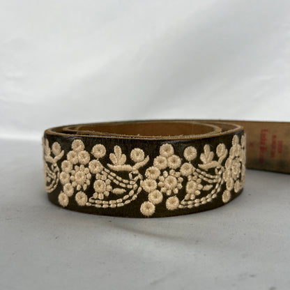00s Lucky Brand Floral Embroidered Green Leather Belt- 32"-36"