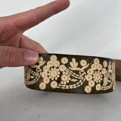 00s Lucky Brand Floral Embroidered Green Leather Belt- 32"-36"