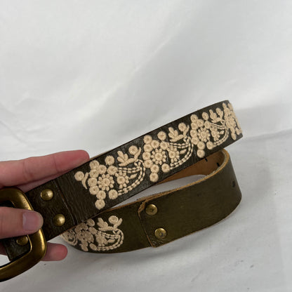 00s Lucky Brand Floral Embroidered Green Leather Belt- 32"-36"