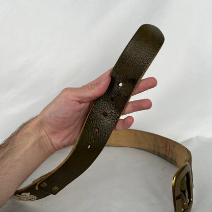 00s Lucky Brand Floral Embroidered Green Leather Belt- 32"-36"