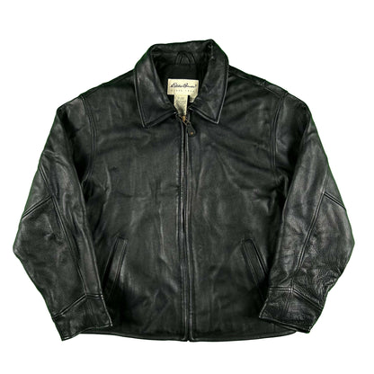 00s Eddie Bauer Belted Back Black Leather Jacket- S