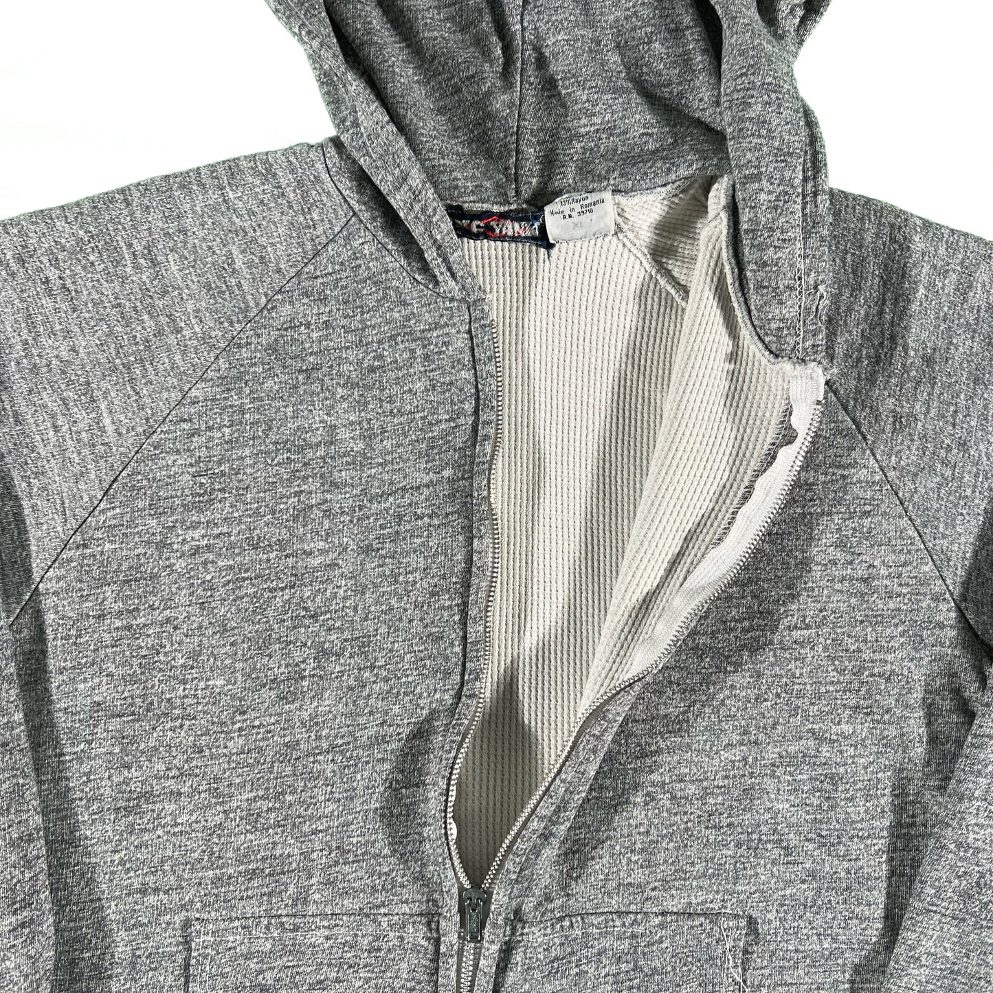 90s Grey Waffle Lined Zip Up Hoodie- M