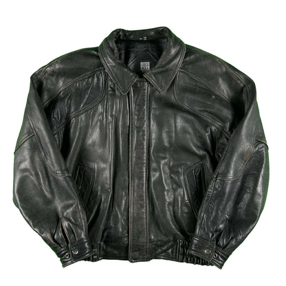 00s Patina Black Leather Bomber Jacket- L