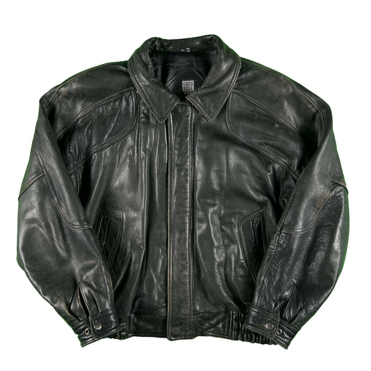 00s Patina Black Leather Bomber Jacket- L