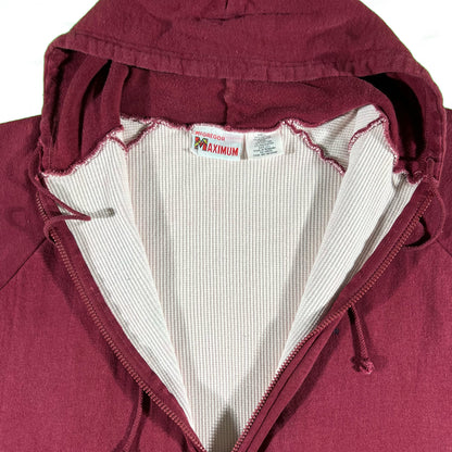 90s Burgundy Waffle Lined Zip Up Hoodie- XL