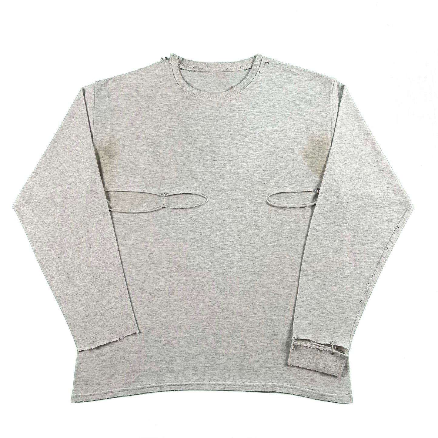 Safety Pinned & Thashed Grey Long Sleeve Tee- M