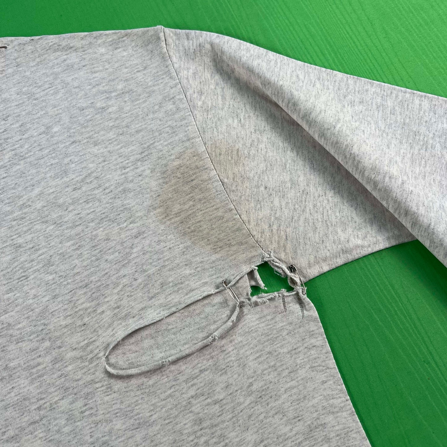 Safety Pinned & Thashed Grey Long Sleeve Tee- M