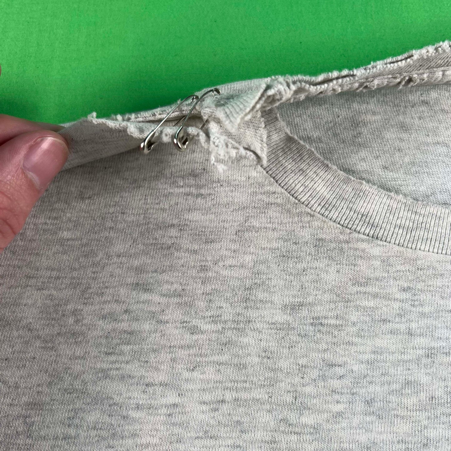 Safety Pinned & Thashed Grey Long Sleeve Tee- M