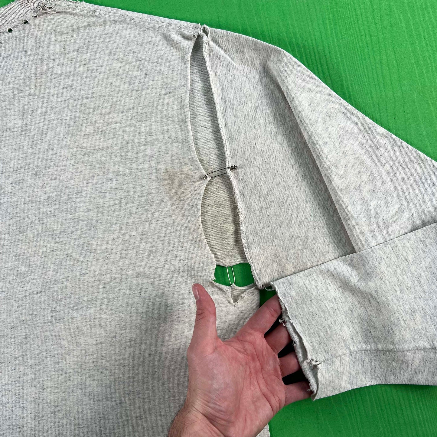 Safety Pinned & Thashed Grey Long Sleeve Tee- M