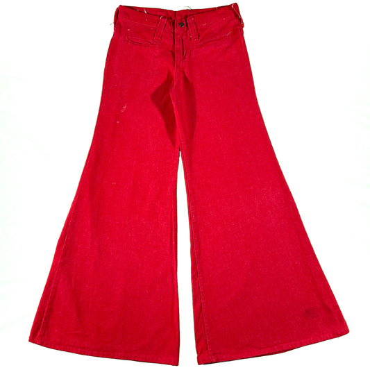 70s Maverick Cherry Red Denim Wide Leg Bell Bottoms- 26x31.5