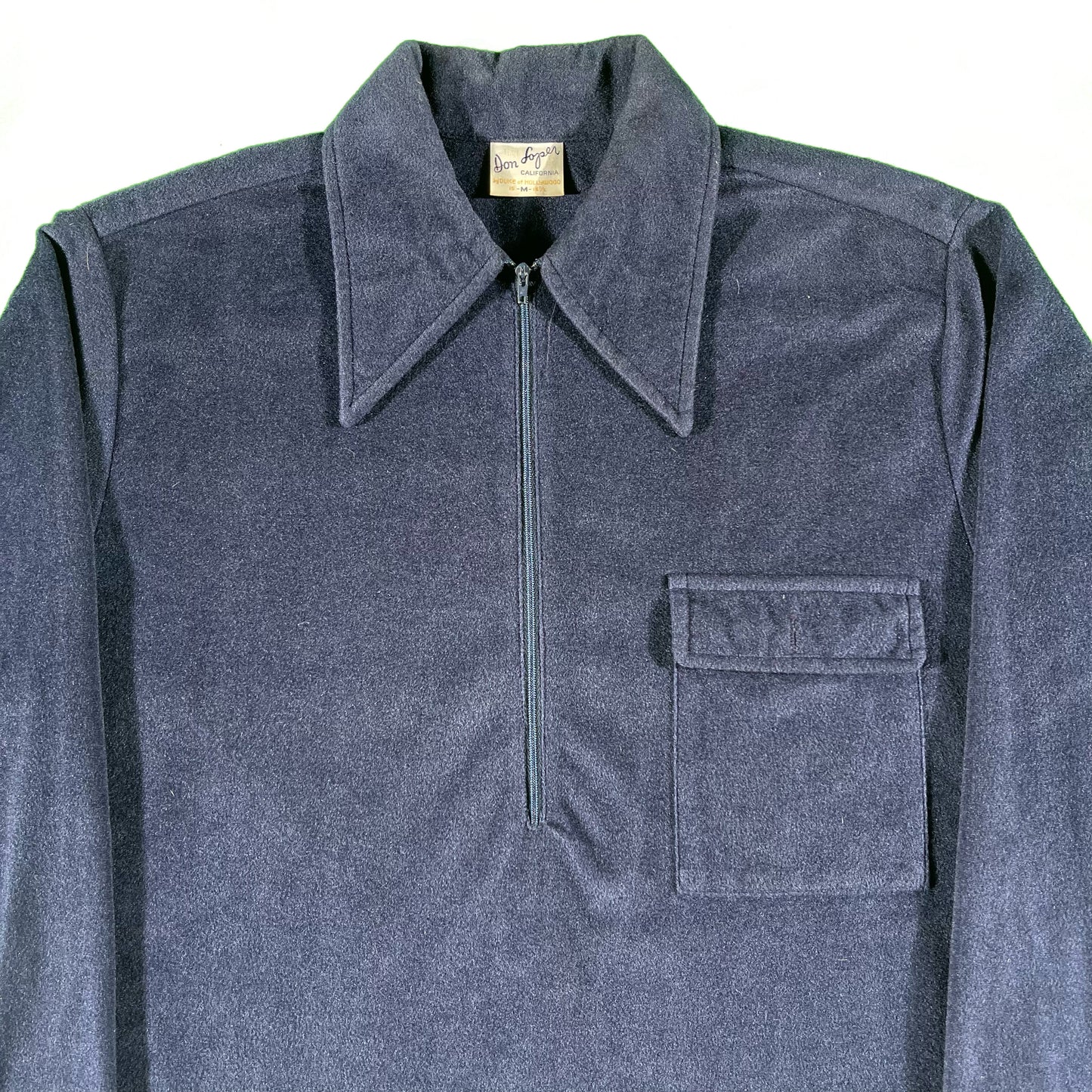 70s Velour Navy Long Sleeve Polo Shirt- L