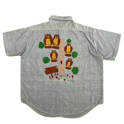 70s Painted Owl Chambray Shirt- XL