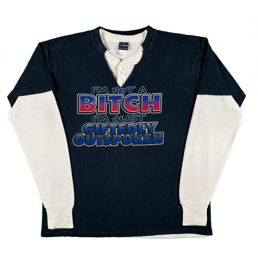 00s Cut Neck 'Not a Bitch' Tee & 90s Henley Thermal- L