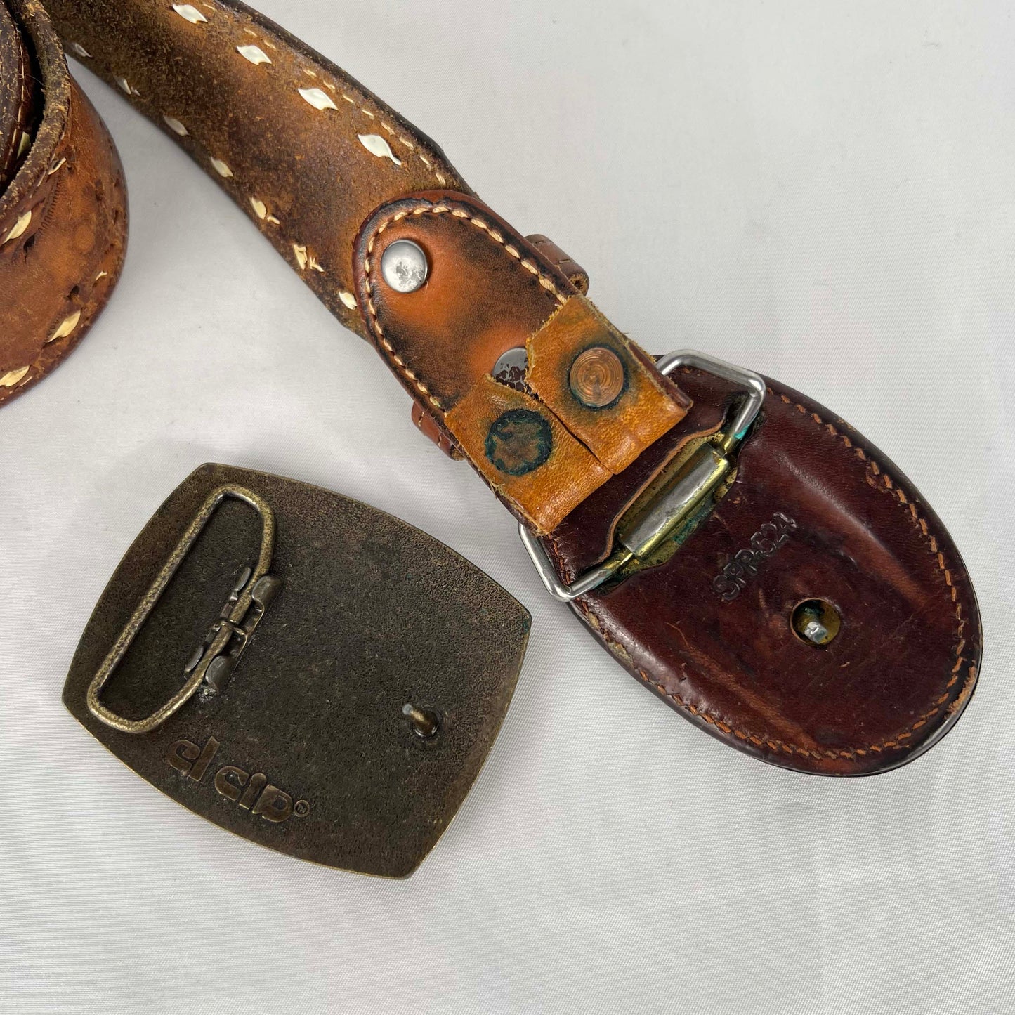 70s Leather Buckle(x2) Embellished Leather Belt- 34"-40"