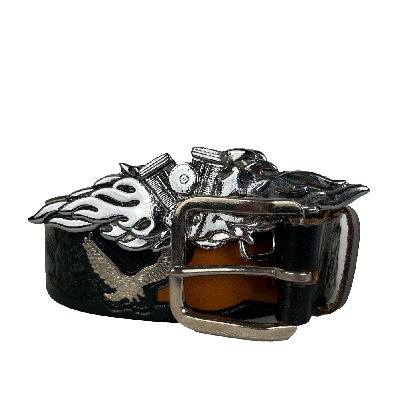 90s Silver Biker Flame Buckle Eagle Leather Belt- 34"-38"